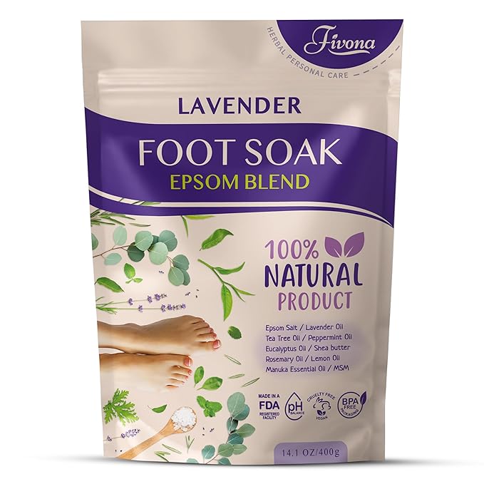 Fivona Foot Soak Blend Epsom Salt with Lavender 14.1 oz - Calming Foot Bath Salt, Relax & Renew Tired Feet, Soothe Soreness, Soften Calluses - Rejuvenating Pedicure Spa at Home