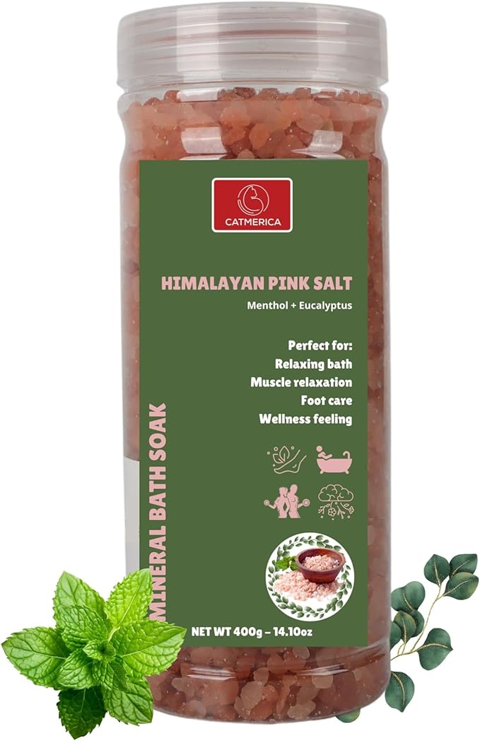 CATMERICA-Pink Himalayan Bath Salt with Eucalyptus and Mint Scent. Perfect for Aromatherapy, Relaxation, Wellness, Muscle Recovery, Body Care. Alternative to Epsom Salt, Magnesium Bath Flakes.