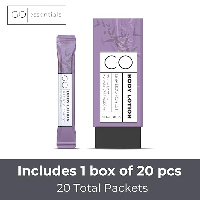GO Essentials Travel Size Lotion Packets – Single Use Body and Hand Lotion for Hydrated Skin and Toiletries. Airline Friendly – Portable Bulk. Womens Gift Set