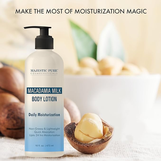 Majestic Pure Macadamia Milk Daily Moisturizing Body Lotion with Aloe Leaf Extracts | Nourishing & Moisturizing | Quick Absorbing, Lightweight & Non Greasy | For All Skin Types | 16fl oz