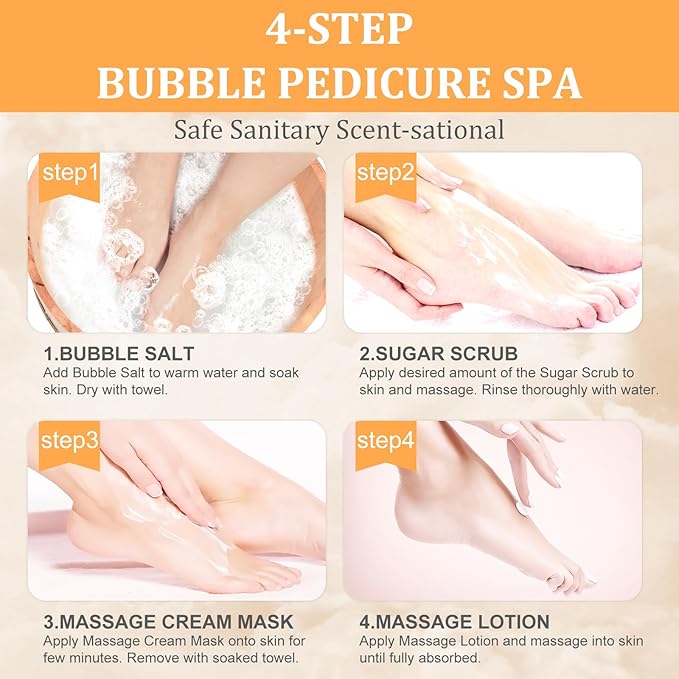 Pedicure Kit Foot Soak Set: Bubble Salt, Sugar Scrub, Massage Mask, Massage Lotion in a Box, 4 Step Foot Spa Kit for Dry Feet, Calluses and Tired Feet(1 Set Tropical Fruit)