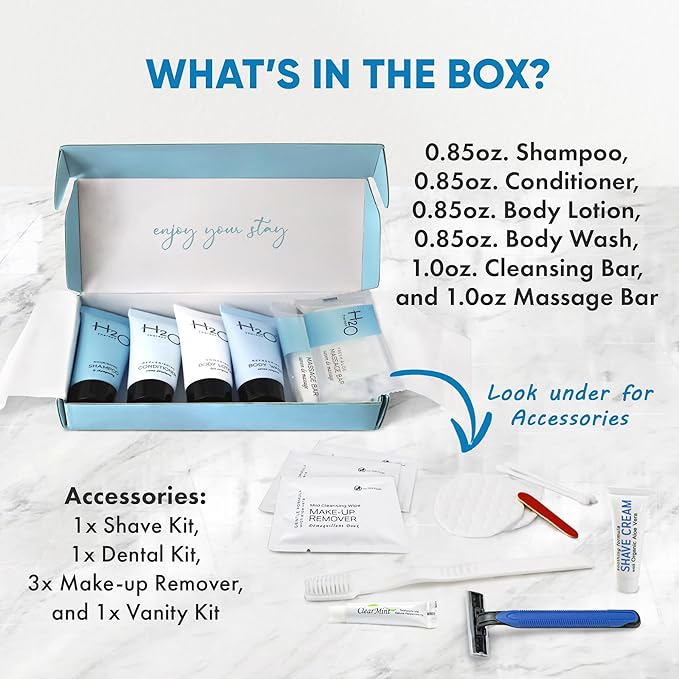 H2O Therapy Amenity & Accessory Kit | 0.85 oz Travel Size Shampoo, Conditioner, Lotion, Body Wash, Massage Bar, Cleansing Bar, Shave & Dental Sets, Make-Up Remover Wipes, & Vanity Kit | 1 set per case