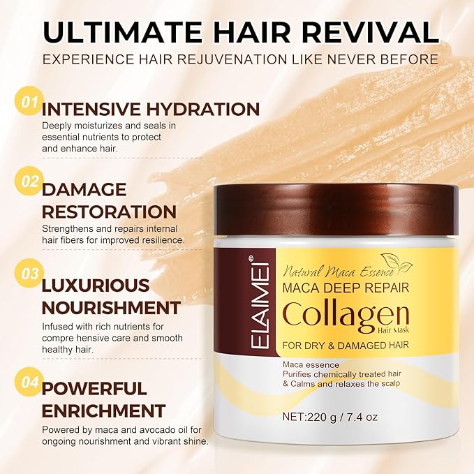Collagen Hair Mask - 7.4 Fl Oz, Deep Hydration & Repair for Dry, Damaged Hair, Natural Collagen Mask for Hair Treatment, Suitable for All Hair Types