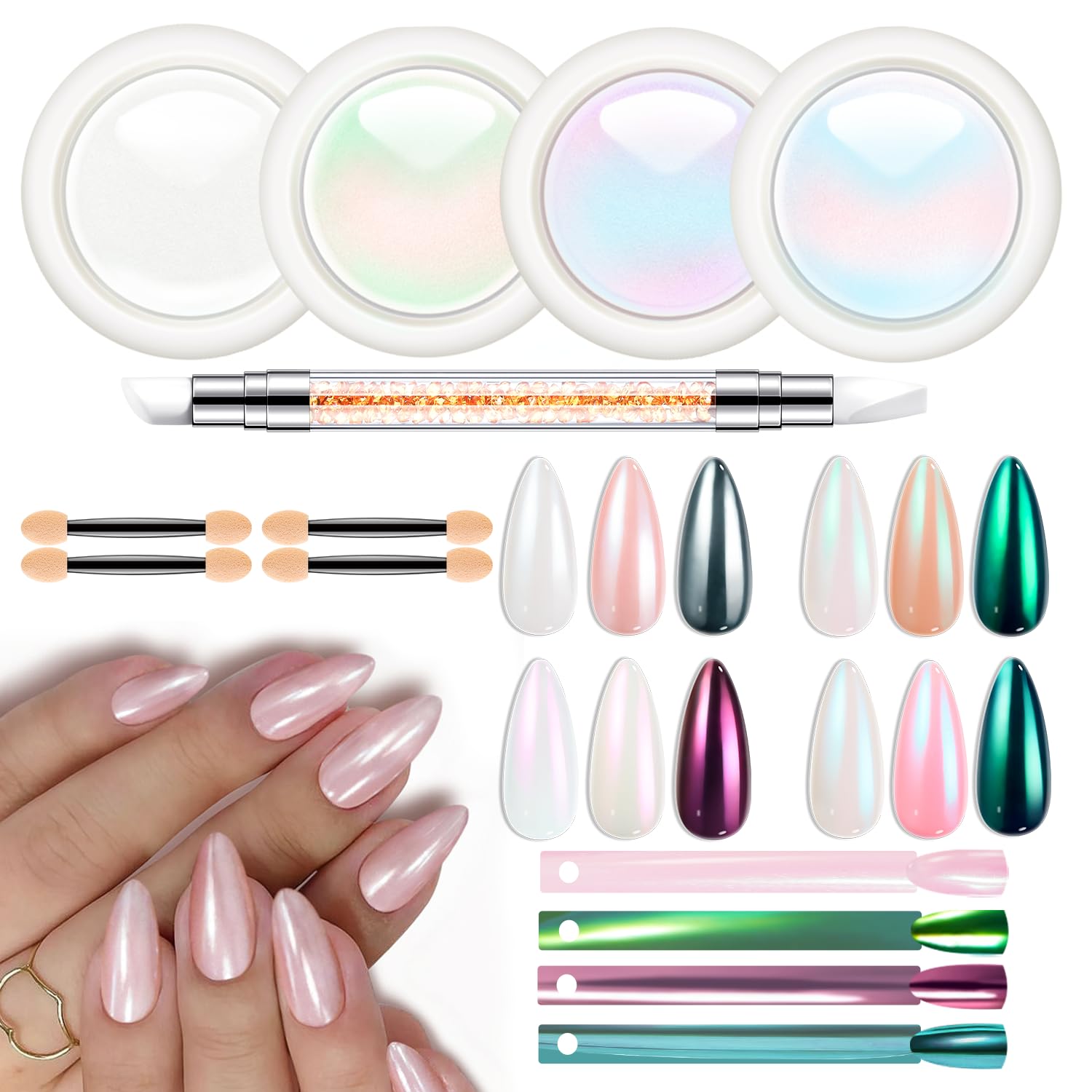 modelones Chrome Nail Powder Pearl Chrome Powder for Nail Magic White Glazed donut Chrome Nail Powder Mirror Effect Holographic Aurora Iridescent Pearlescent Manicure 4 Colors 1g or 0.5g/Jar