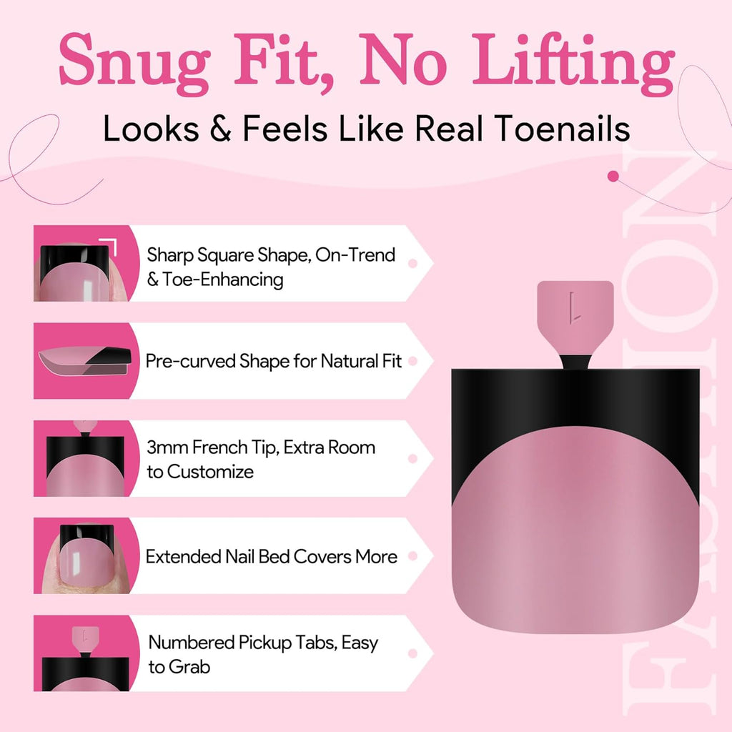 Toenail Press Ons French Tip, Berry Pink Black Elegant False Toe Nail Extension 15 Sizes 270 Pcs Sharp Square Acrylic Tips Pre-applied Nail Primer & Base Coat Full Cover for DIY Home 2025 Summer