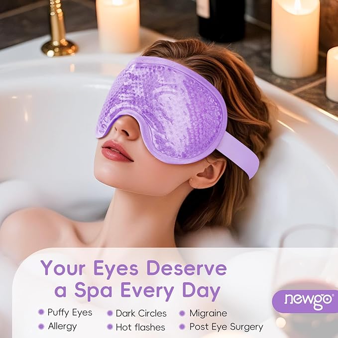 NEWGO Cooling Gel Eye Mask - Reusable Cold Pack for Puffy Eyes, Dark Circles, Migraine, Stress Relief - Purple With Soft Plush Backing