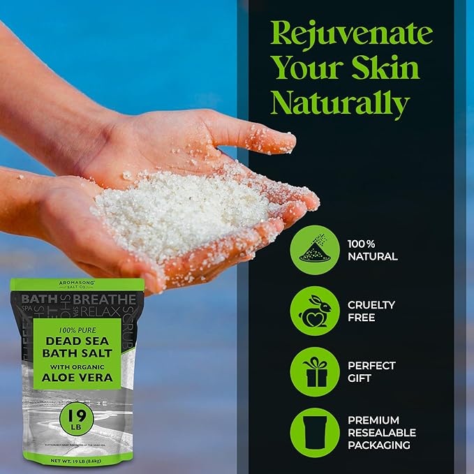 Dead Sea Salt with Organic Aloe Vera, Spa Bath Salts, 19 Lbs Fine Bulk resealable Pack, 100% Pure & Natural, Soak for Women & Men for Tired Muscles & Skin Issues (Packaging May Vary)