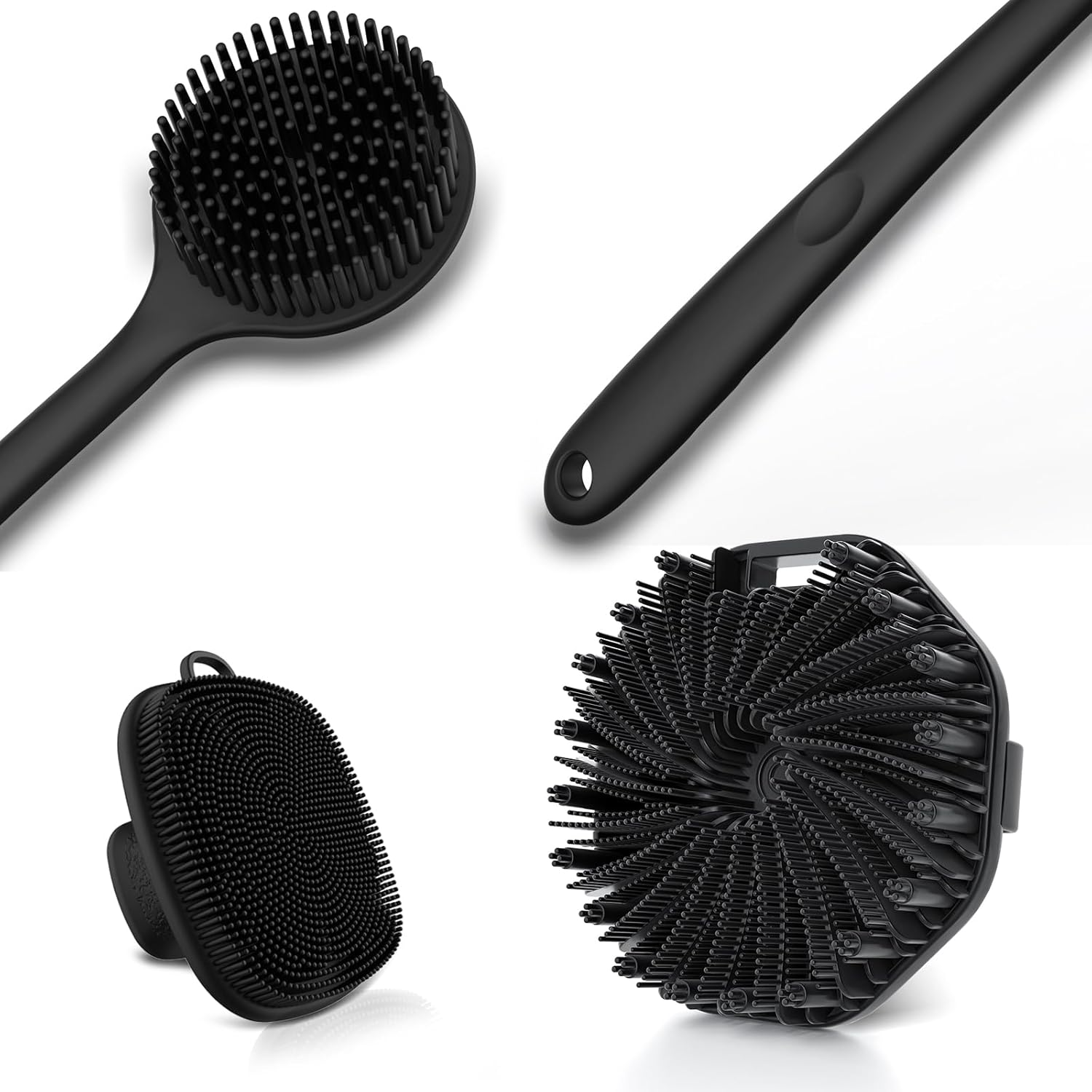 3 PCS Silicone Bath Brush Set,Back Scrubber & Body Brush & Face Brush Set, Super-Exfoliating & Lathering Body Scrubber, Shower Brush, Face Scrubber Combination for HomeBathroom Hotel Travel.(Black)