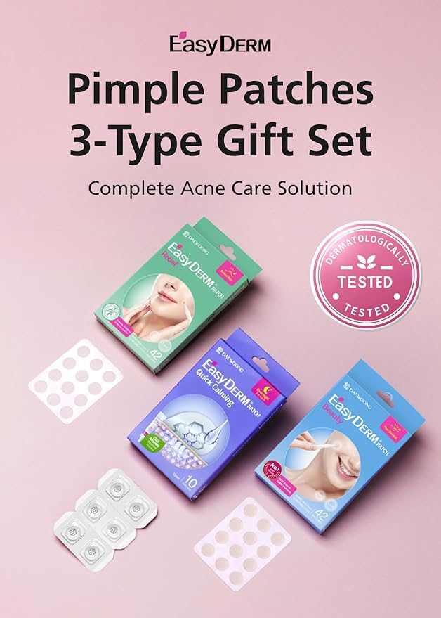 EasyDerm 3-Type Pimple Patches Gift Set, Acne care soluution, Korean Spot Patch to Cover ZitsㅣQuick Calming(10ea) + Relief(42ea) + Beauty Patches(42ea)ㅣTeen girl gifts trendy stuff
