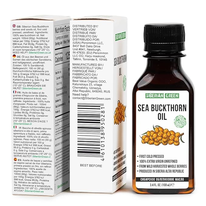 Siberian Sea Buckthorn Oil | 100% Natural Extra Virgin Cold Pressed 100 ml / 3.4 fl oz | Unrefined Raw Vegan | Exclusive Healthy Diet Food Grade