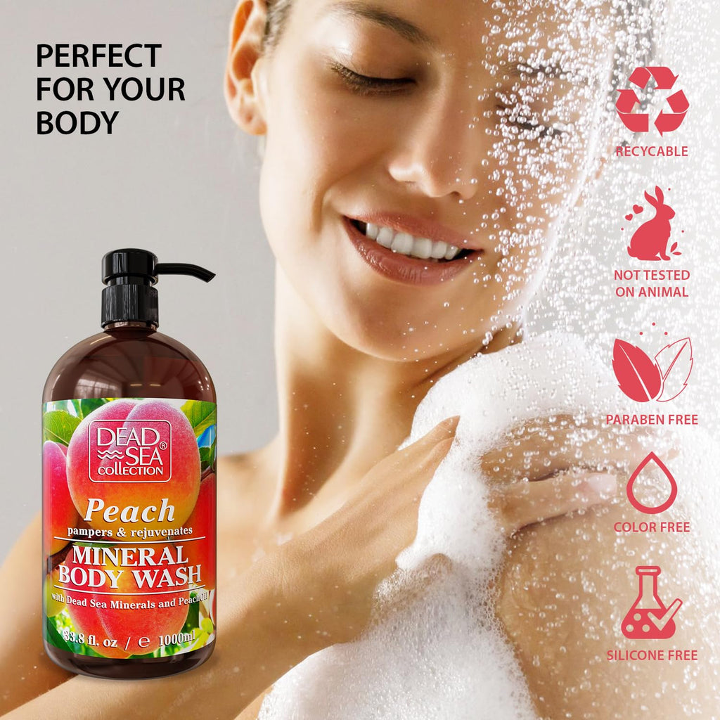 Dead Sea Collection Peach Body Wash for Women and Men - with Pure Dead Sea Minerals and Peach Extract - Cleanses and Moisturizes Skin - Pack of 2 (67.6 fl. oz)