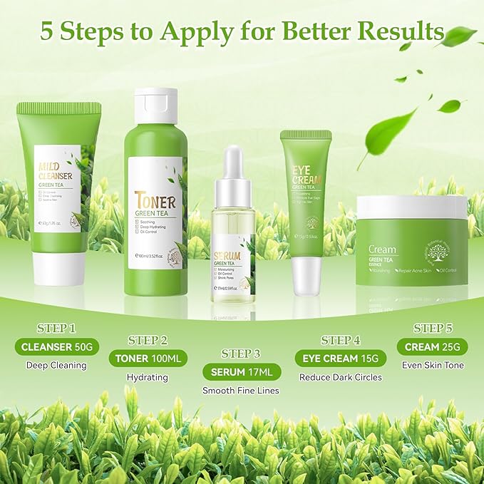 Skin Care Set, Green Tea Skin Care Sets & Kits, Skin Care for Teenage Girls Gift Set with Cleanser, Toner, Serum, Eye Cream, Facial Cream, Facial Skin Care Sets & Kits for Teenage Girls Women