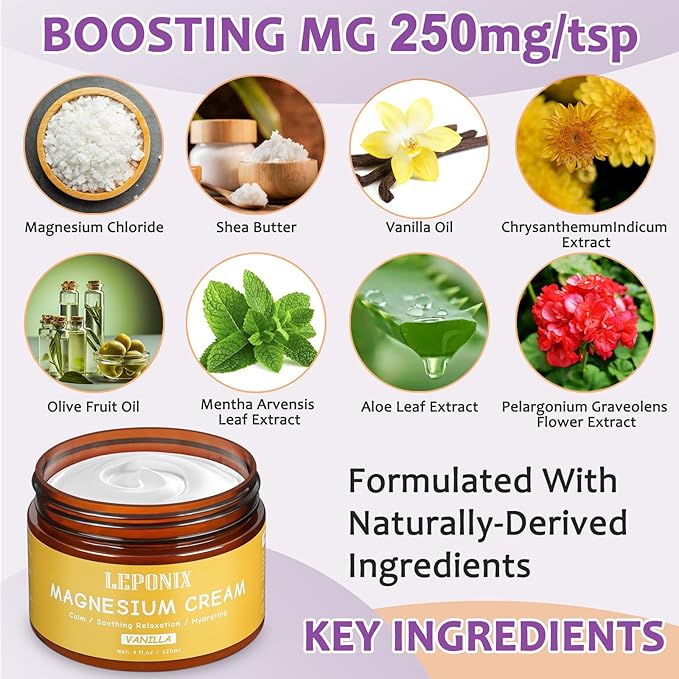 LEPONIX Magnesium Cream for Sleep - Topical Magnesium Lotion for Muscle Relaxation, Leg Cramps, Pain Relief & Better Sleep, Soothing Magnesium Body Butter for Adults & Kids (120ml, Vanilla)