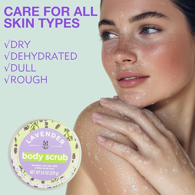 Lavender Body Scrub, Sugar Scrub for Body, Natural Body Scrub for Smooth and Moisturized Skin, Natural Gifts for Women, 9.52oz