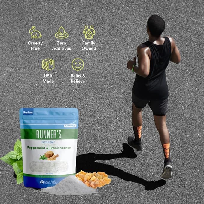 Runner's Bath Salt 32 Ounces Epsom Salt with Natural Peppermint, Frankincense, Lemon, Cypress, Tea Tree and Lemongrass Essential Oils Plus Vitamin C in BPA Free Pouch with Easy Press-Lock Seal