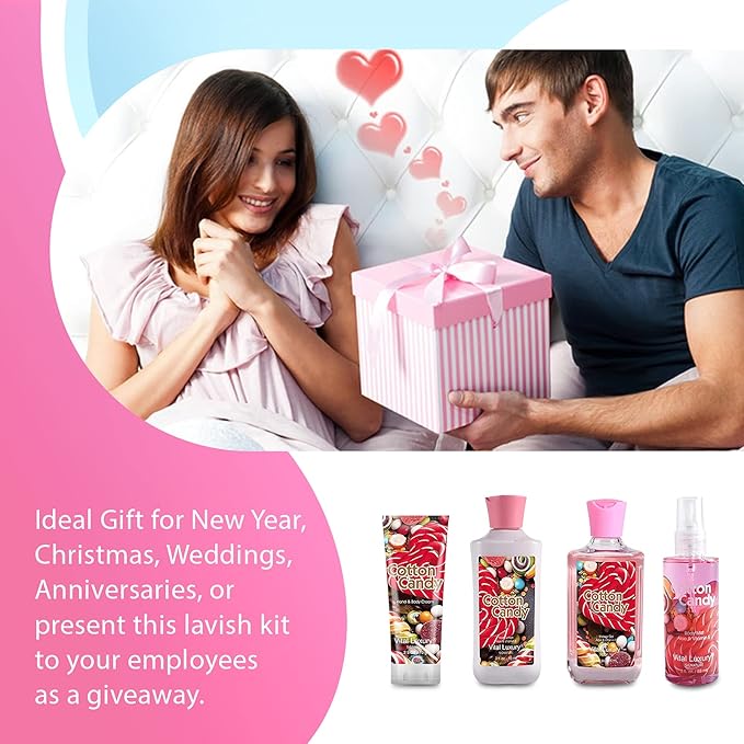 Cotton Candy Bath & Body Kit, 3 Fl Oz, Ideal Skincare Gift Home Spa Set, Includes Body Lotion, Shower Gel, Body Cream, and Fragrance Mist, Birthday Mother's Day Gifts