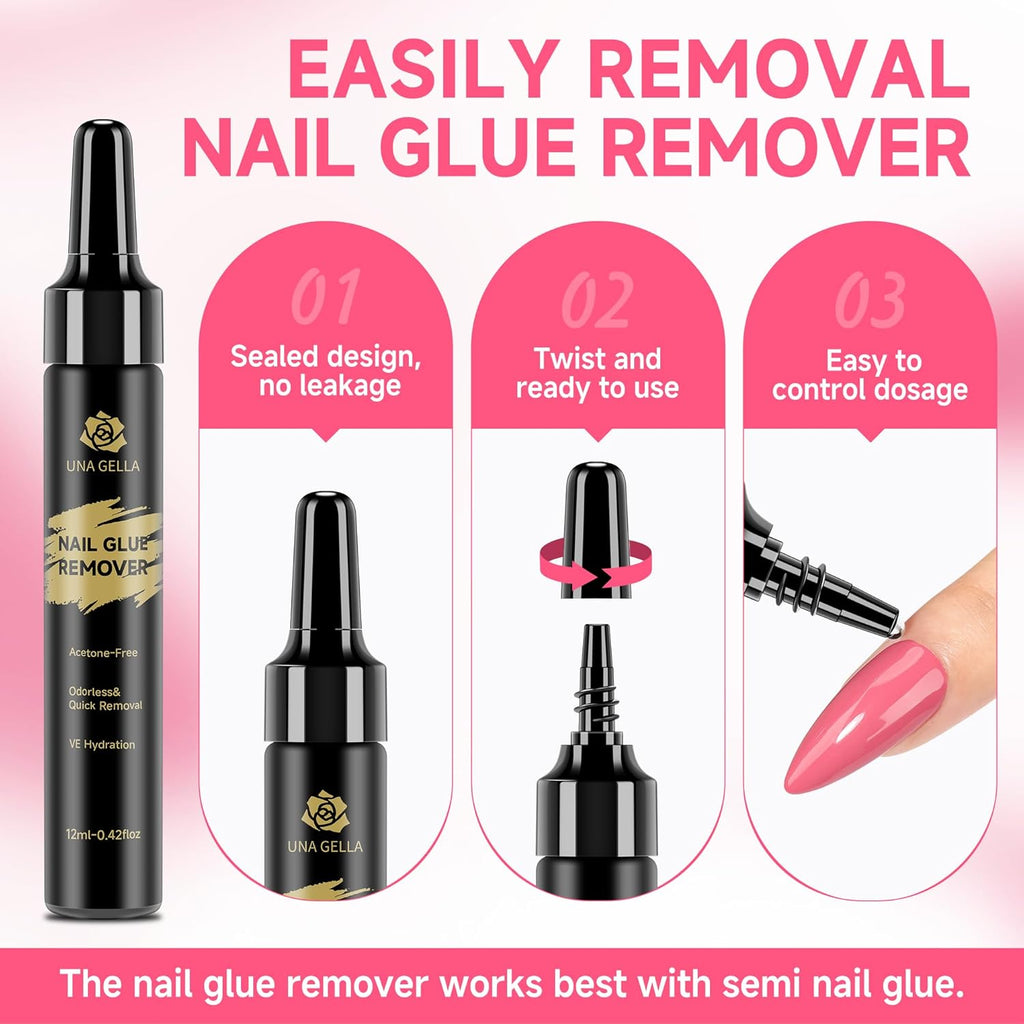 UNA GELLA Lamp-Free Semi Solid Nail Glue for Press Ons: 10ml and Soak Off Gel Nail Glue Remover for False Acrylic Nails 12ml, Super Strong G LUE Quick Removal Kit