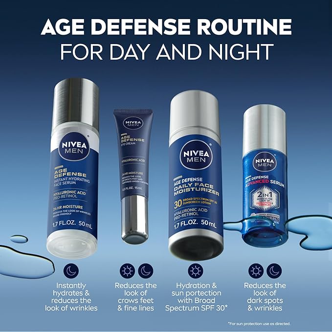 NIVEA Men Age Defense Eye Cream with Hyaluronic Acid, Skin Care Gifts for Dad, 24-Hour Hydrating Under Eye Cream for Men Helps Reduce Look of Crow's Feet, Fine Lines and Dark Circles, 0.5 Fl Oz Tube