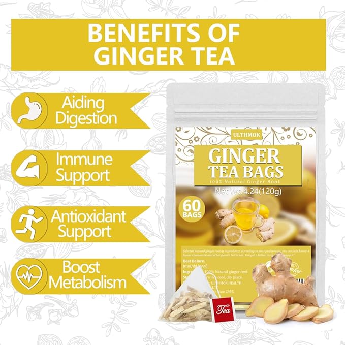 100 Premium Ginger Tea Bags/7.06 Oz, Made with 100% Natural Ginger Root, Warm & Spicy, Support Digestion & Boost Immunity, No Additives & Caffeine Free.