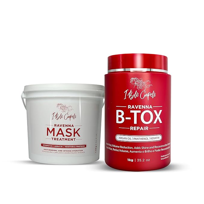 Ravenna B-tox Repair Kit - Treatment (1 Kg/35.2 Fl Oz) Formaldehyde-Free + Mask for Damaged Hair (1,5 Kg/ 52.9 fl oz) - Straightening, Intense Shine & Moisture for All Types