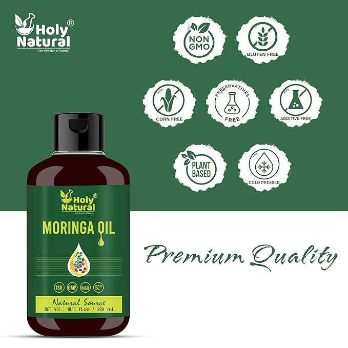 Holy Natural's Moringa Oil (10.15 fl oz/ 300ml) | Pure & Natural, Cold Pressed Virgin, Good For Skin, Hair and Body
