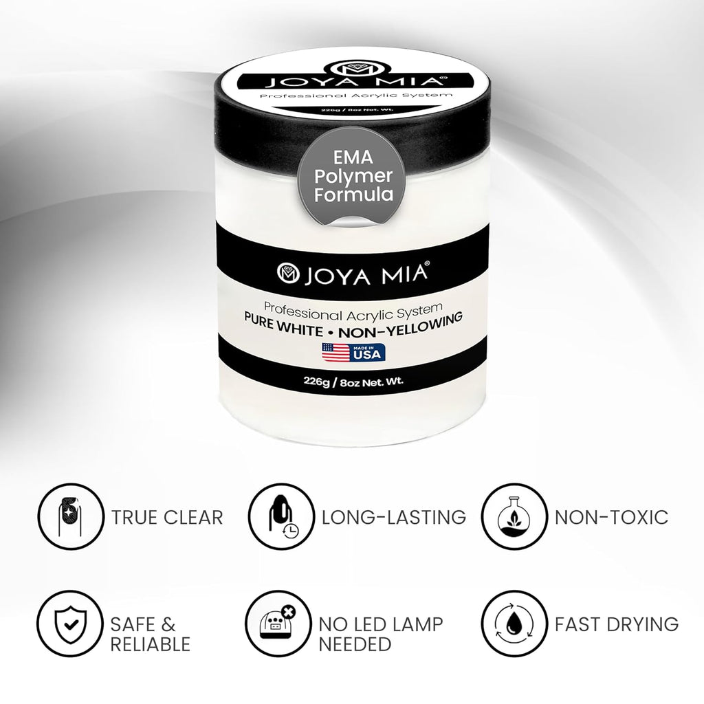 Joya Mia Acrylic Powder for Nails, MMA-Free, Super Adhesion Professional Powder for Flawless & Long-Lasting Nail Enhancements, Easy Application, Vibrant & Stunning Colors - Pure White, 8 oz