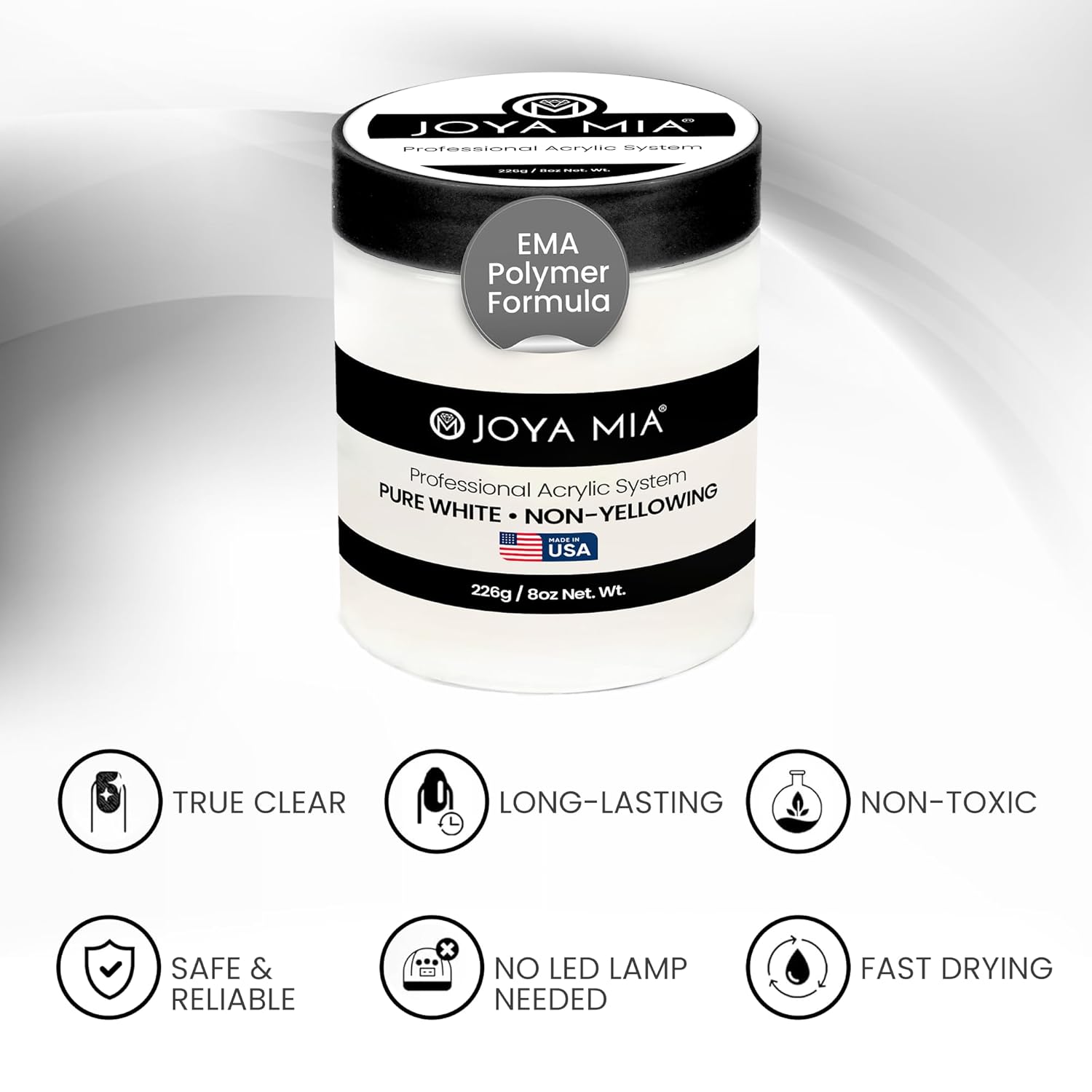 Joya Mia Acrylic Powder for Nails, MMA-Free, Super Adhesion Professional Powder for Flawless & Long-Lasting Nail Enhancements, Easy Application, Vibrant & Stunning Colors - Pure White, 8 oz