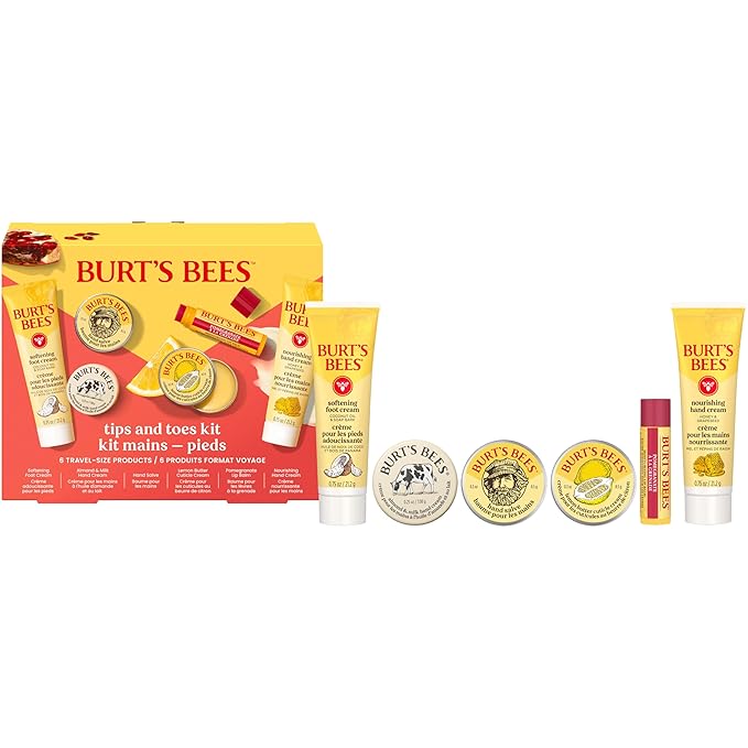 Burt's Bees Gifts Ideas, Tips and Toes Kit, 6 Travel Size Products - Pomegranate Moisturizing Lip Balm, 2 Hand Creams, Foot Cream, Cuticle Cream, and Hand Salve