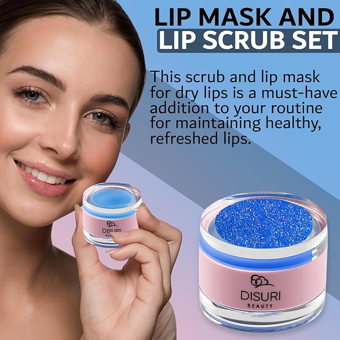 Lip Mask and Lip Scrub Set - Moisturizing Lip Scrub for Exfoliating and Smoothing Lips, Cruelty-free - Improves Texture, Hydrates, and Softens Chapped, Dark Lips Skin - (Blueberry)