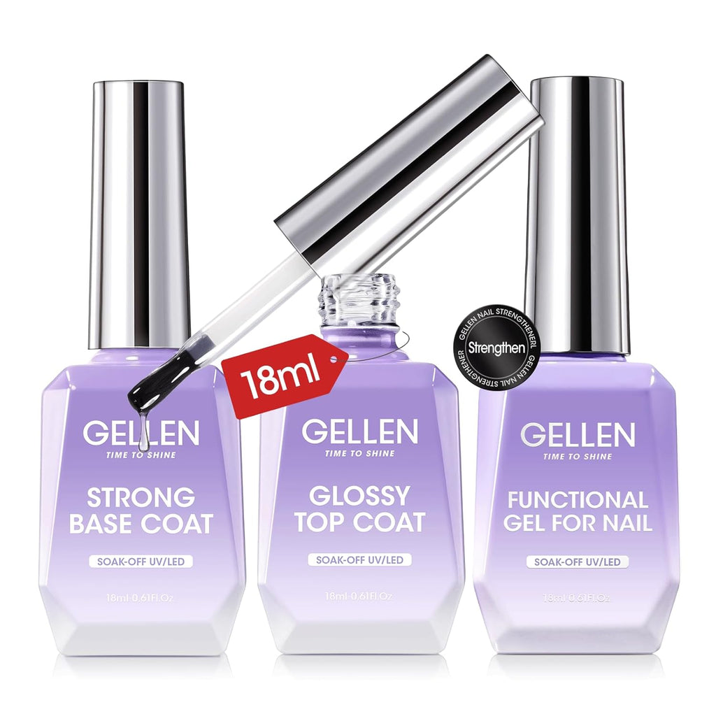GELLEN Gel Top Coat Base Coat with Nail Strengthener, 3 Pcs 18 ml No Wipe Glossy Top Coat Set for Gel Nail Polish, Soak Off Base Coat Hardener Care for Thin Weak Nails Salon Manicure