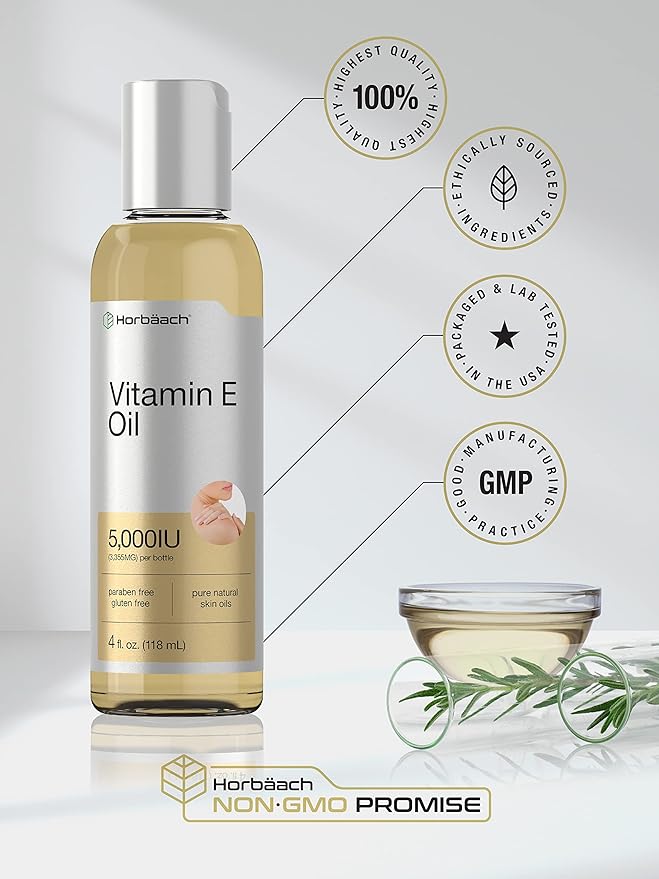 Horbäach Vitamin E Oil | 5000 IU | 8 oz (2 x 4oz) Value Pack | for Skin, Hair, Face & Body | Vegetarian, Non-GMO, and Gluten Free Formula