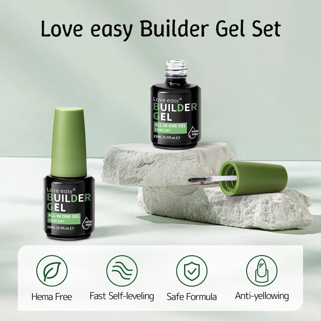 Builder Gel for Nails, 2 Pack Crystal Clear Soft Polish Fast Self-leveling Apex Strength Thickness Enhancement Building Thin Weak Nail, Beginners Home DIY Salon Manicure (U V Light Needed)