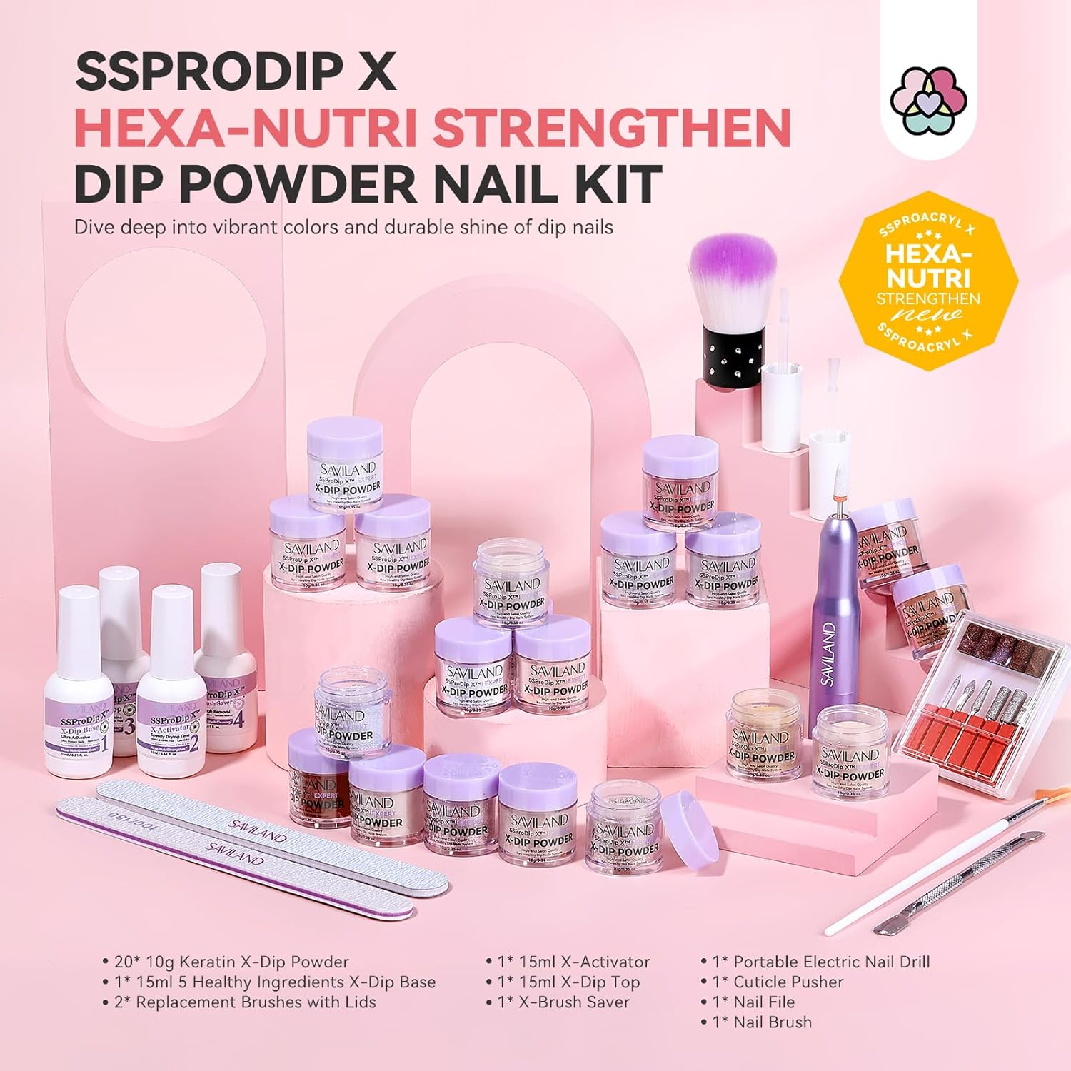 SAVILAND Dip Powder Nail Kit with Drill: 20 Colors All Season Nude Pink Keratin Dip Nails Powder Starter Kit with Dip Base Activator Top Coat Brush Saver for French Nail Art Manicure Home DIY