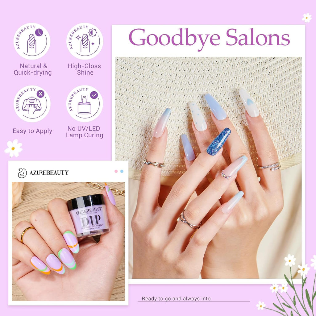 AZUREBEAUTY 42 Pcs Dip Nails Powder Starter Kit, 32 Hot Pink Blue Purple Color Changing Spring Dipping Powder Liquid Set with Base Coat/Top Coat/Activator for French Manicure Salon DIY.