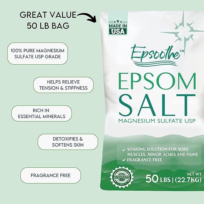 Epsom Bath Salt, Magnesium Sulfate USP, Unscented, Fine Grain, 50 Pound Bag (Packaging May Vary)