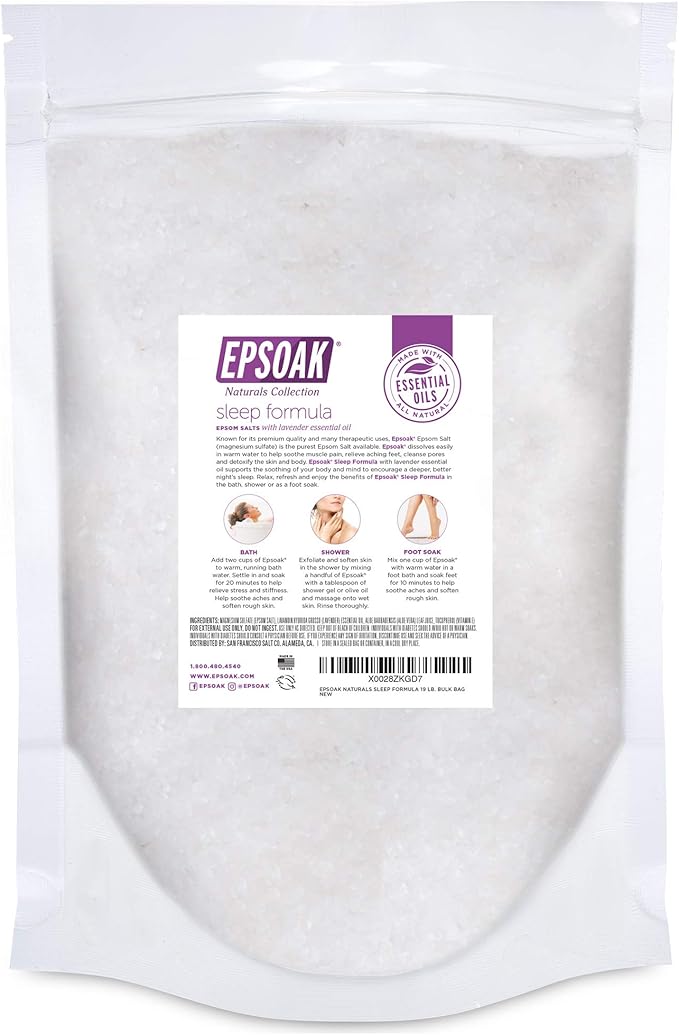 Epsoak Epsom Salt 19 lb. Magnesium Sulfate USP. (Qty. 1 x 19lb. Bag), Lavender Sleep Formula, Resealable Epsom Salt Bag, Made in The USA, Cruelty-Free Certified