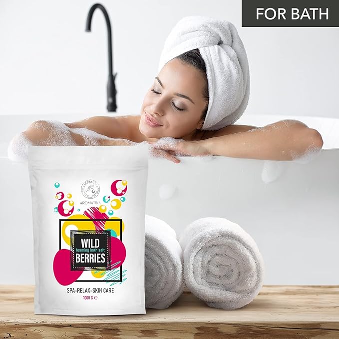 Foaming Bath Sea Salt Wild Berries 35 Oz (1000g) - Bubble Bath Salts with Almond & Grape Seed Essential Oil & Grapefruit Peel Oil for Bath Soak - Relaxing Bath - Relaxation - Aromatherapy Bath Salts