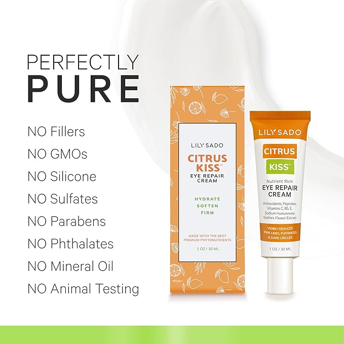 LILY SADO CITRUS KISS™ Eye Repair Cream - Antioxidant-Rich Natural Formula w/Peptides, Sodium Hyaluronate, and VITS C, B5 & E - Prevents Puffiness, Under-eye Wrinkles, Discoloration & Eye Bags - 1oz