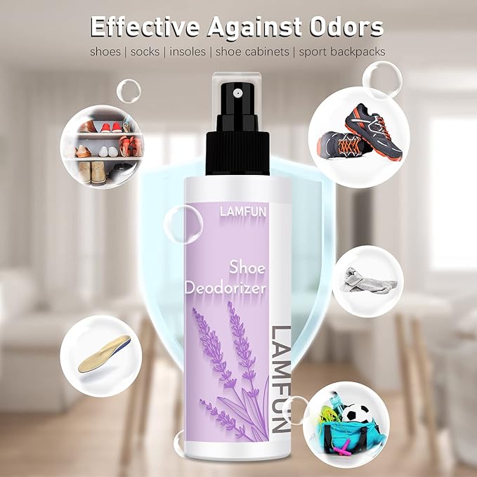 Shoe Odor Eliminator, Lamfun Deodorant Spray for Stinky Sneakers or Smelly Feet, Natural Shoe Deodorizer and Foot Deodorant Fight All Odors, Lavender, 150ml