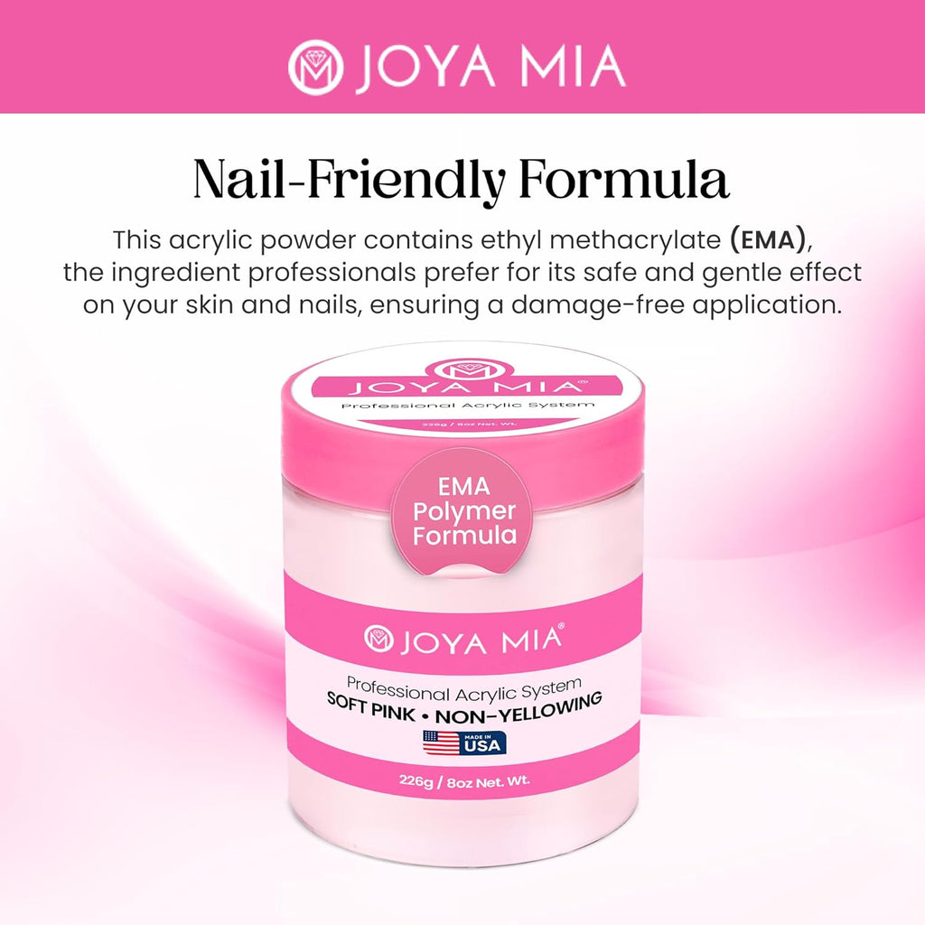 Joya Mia Acrylic Powder for Nails, MMA-Free, Super Adhesion Professional Powder for Flawless & Long-Lasting Nail Enhancements, Easy Application, Vibrant & Stunning Colors - Soft Pink, 8 oz