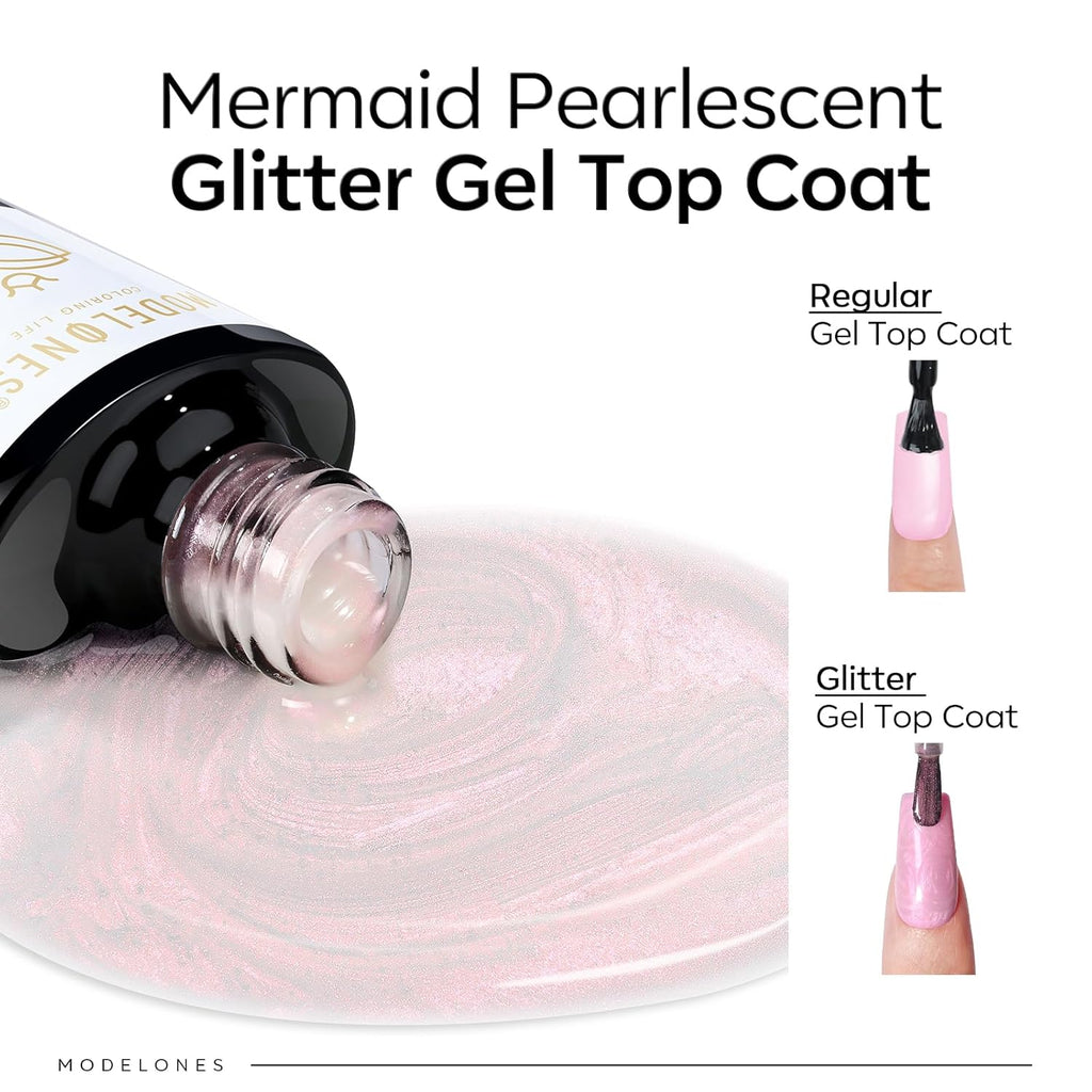 modelones Pearl Gel Nail Polish Top Coat, 2-in-one Clear Pearlescent Glitter Glossy Sparkle Finish Long Lasting Soak Off Mermaid Shimmer Manicure Nail Art Home Salon DIY 10 ML