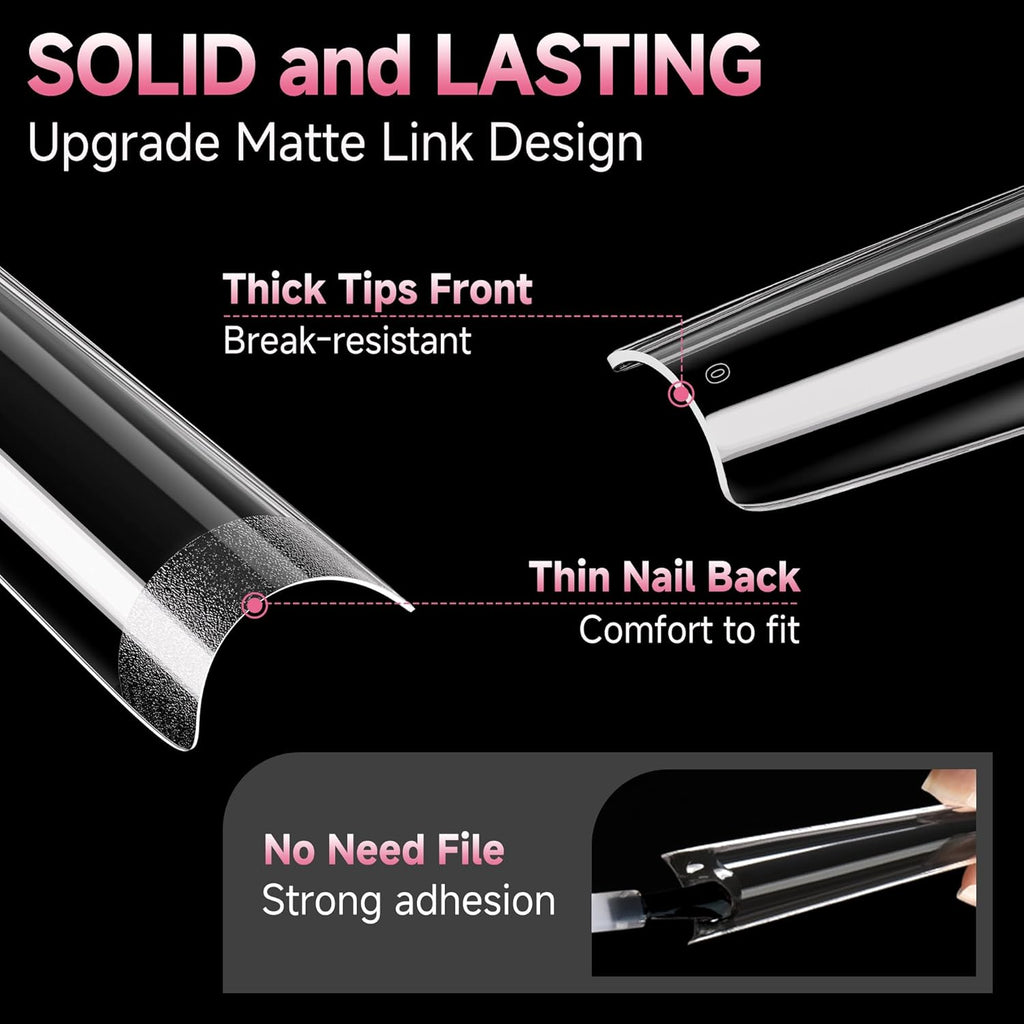 UNA GELLA Extra Long Coffin Nail Tips No C Curve 504PCS XXL Coffin Nails Half Cover Long Coffins Gel Nails Tips Clear Fake False Nails Long Gel Extensions for Nail Art Salon Home DIY No Need File