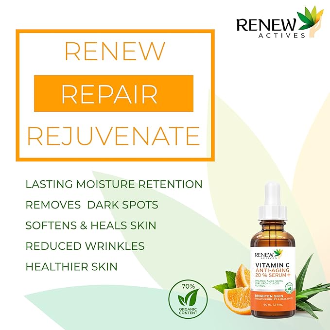 RENEW ACTIVES Vitamin C Serum - Brightening & Anti-Aging Formula - Reduces Dark Spots, Fine Lines & Wrinkles - Promotes Even Skin Tone - Hydrating & Antioxidant Protection - Made in Canada - 2 fl oz