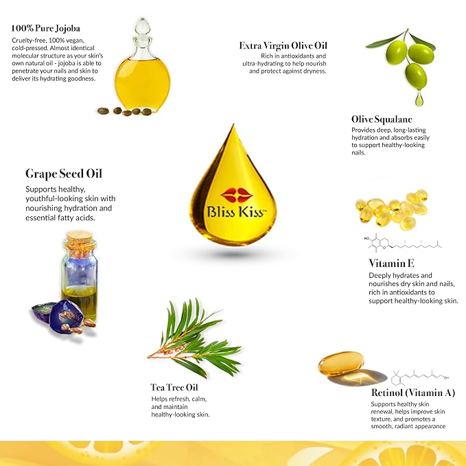 Bliss Kiss | Crisp Fragrance | Nail Oil Cuticle Dropper w/Vitamin E & Jojoba⏤Nail Strengthener Nail Growth Serum for Brittle Peeling Breaking Thin Nails | 0.5oz |