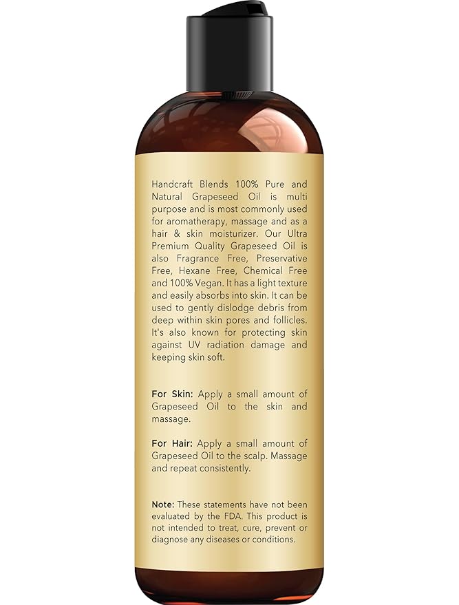 Handcraft Blends Grapeseed Oil - Cold-Pressed 8 Fl Oz - 100% Pure and Natural - Premium Grade Carrier Oil for Skin and Hair - Hair and Body - Massage - Hexane-Free