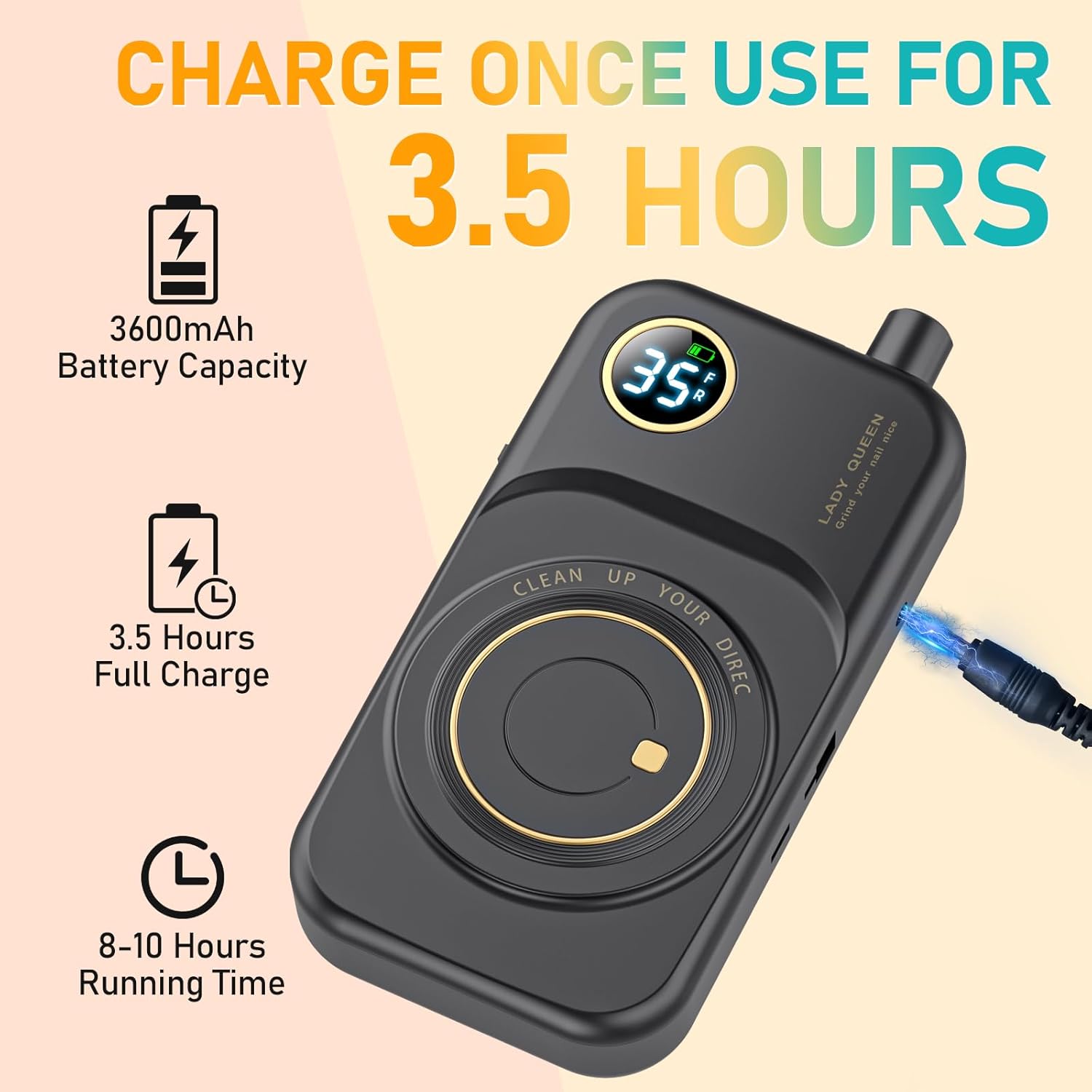 Portable Nail Drill Electric File: 35000RPM Professional Rechargeable Nail E File Machine,for Acrylic Nails Gel Polishing Removing, Cordless Efile with Bits Kit for Manicure Salon Home (Black)