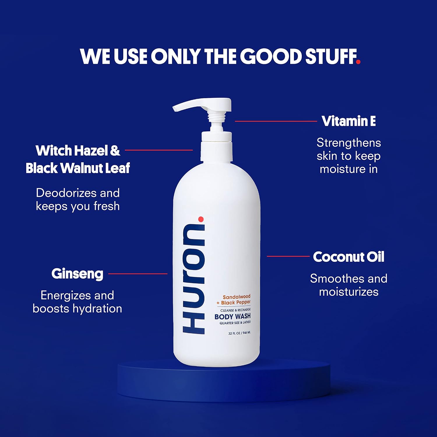 Huron Men’s Moisturizing Body Wash - Clean & Woody Scent of Sandalwood, Black Pepper, Cedarwood, & Amber - Made With Coconut Oil, Vitamin E & Witch Hazel - Vegan, Cruelty-Free - 30.3 fl oz