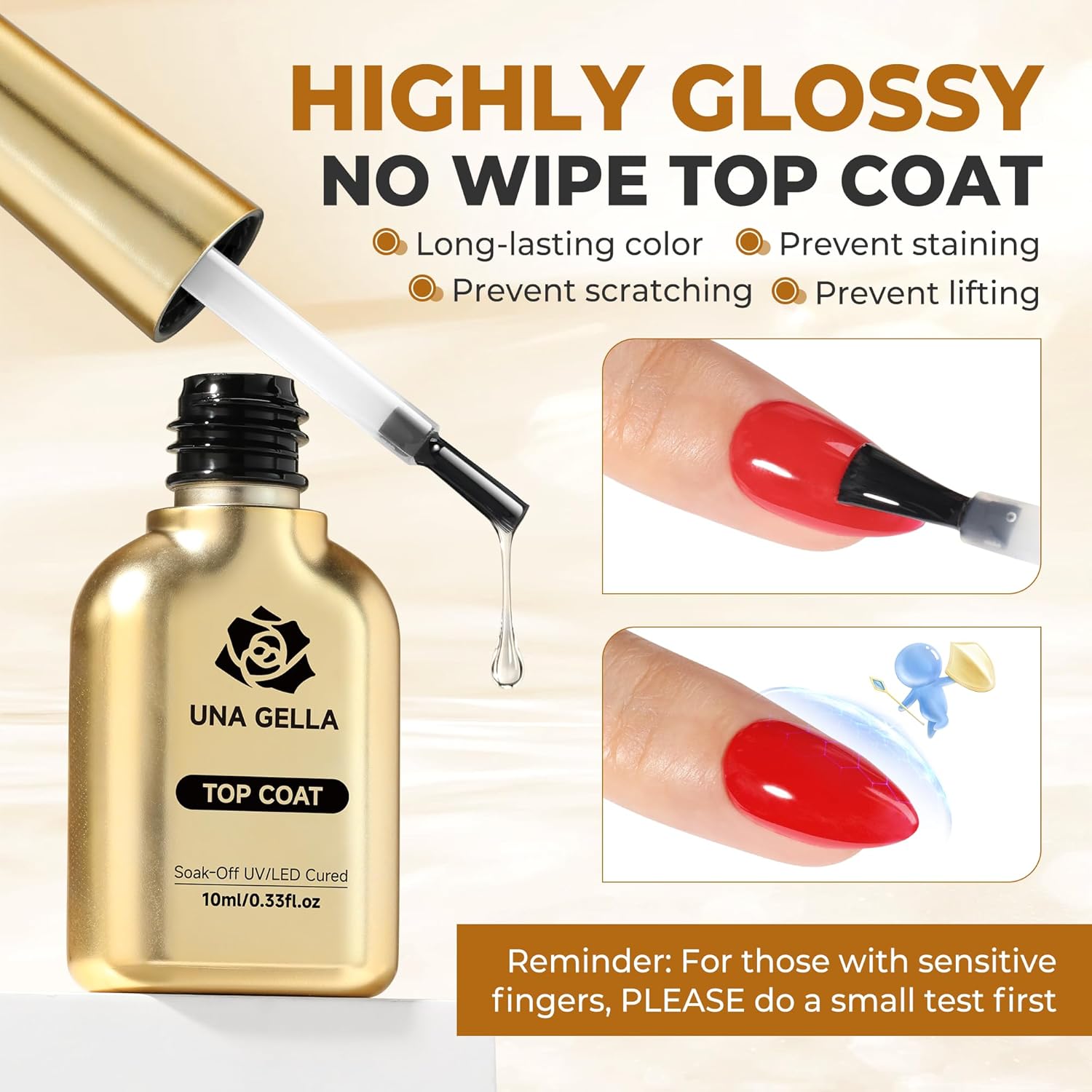 UNA GELLA No Wipe 2PCS Gel Top Coat Base Coat Set, Highly Glossy Top Coat Gel Nail Polish Strengthen and Acid-Free Clear Nail Base Soak Off, Key to Manicure for Her (U V Cure Need)