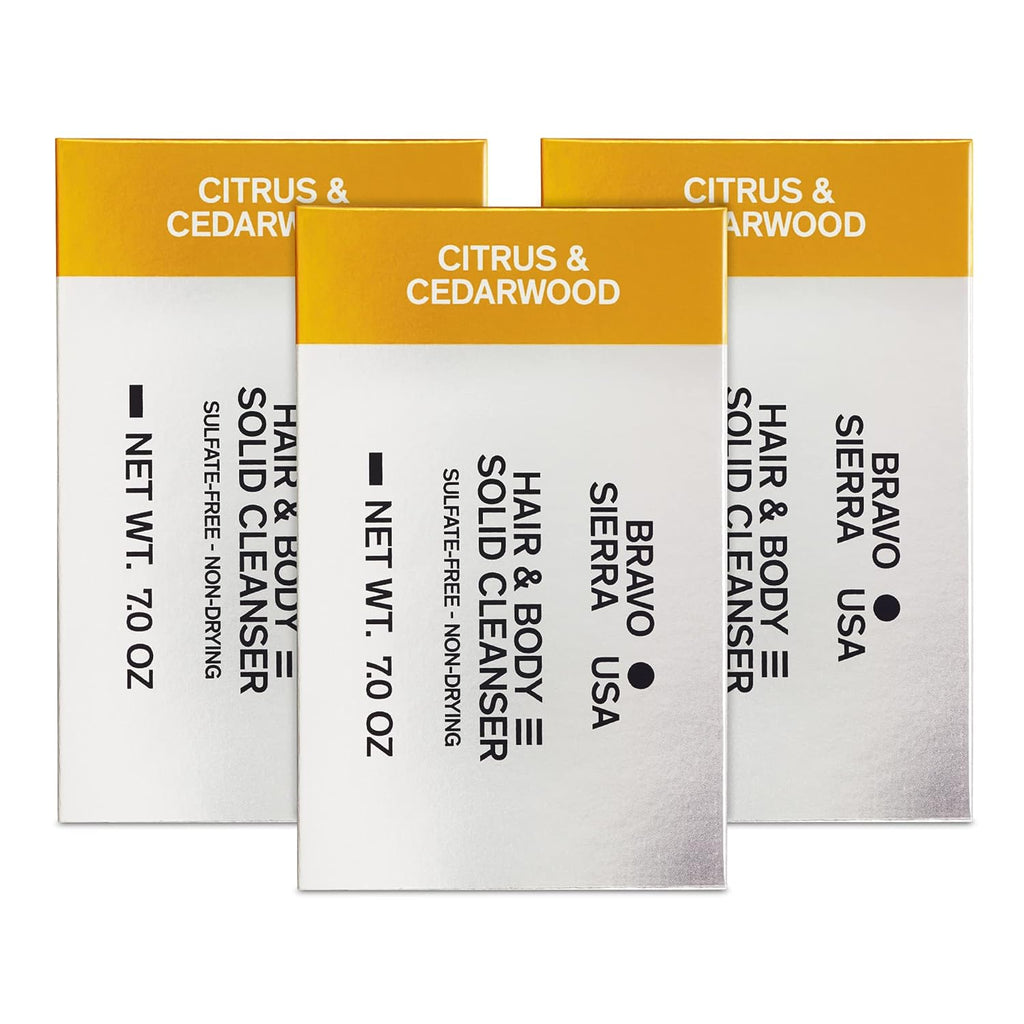 Bravo Sierra All-In-One Citrus & Cedarwood Men's Body and Hair Bar, 3-Pack - Coconut, Shea Butter & Oat Flour for Soft Skin & Healthy Hair, 7 oz