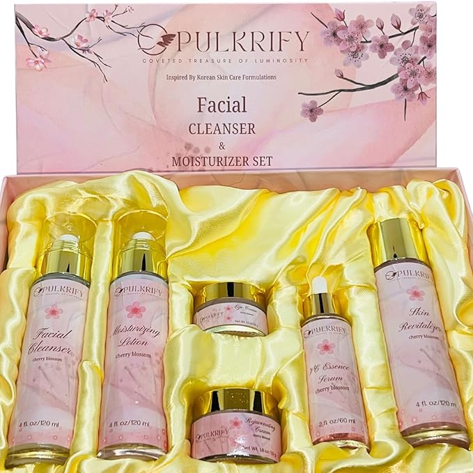 Luxurious Korean Style Cherry Blossom Facial Cleanser & Moisturizer Set, Facial Cleanser, Moisturizer, Revitalizer, Serum, Rejuvenator, Eye Cream, Daily Skincare Routine, Retinol Free